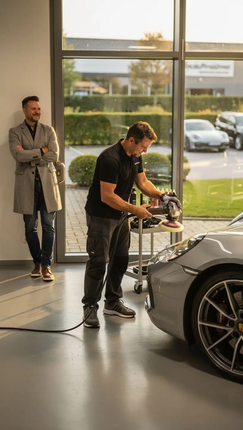Exklusive Werkstattumgebung mit mehreren europäischen Luxusautos in professioneller Wartung.